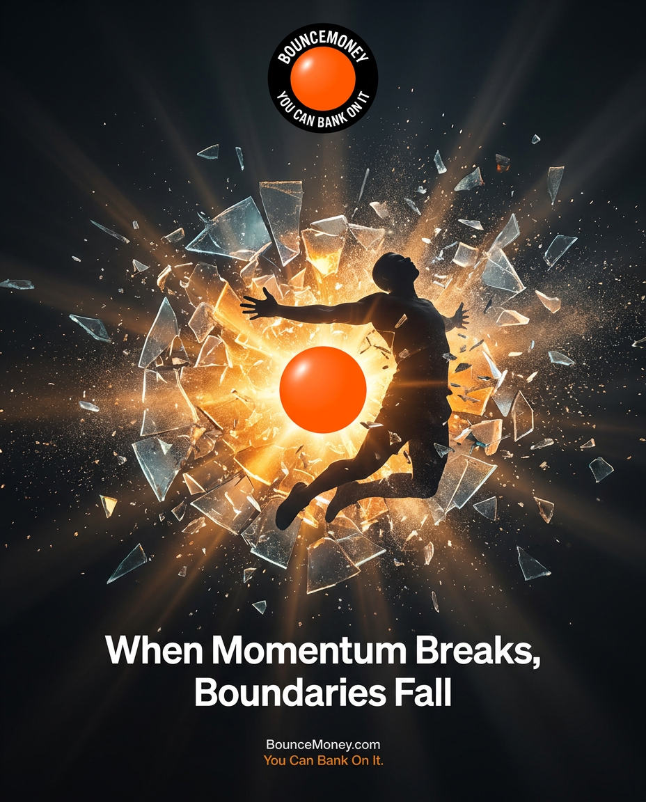 Orange BounceMoney sphere shattering a glass barrier as a figure breaks through — momentum breaking payment boundaries