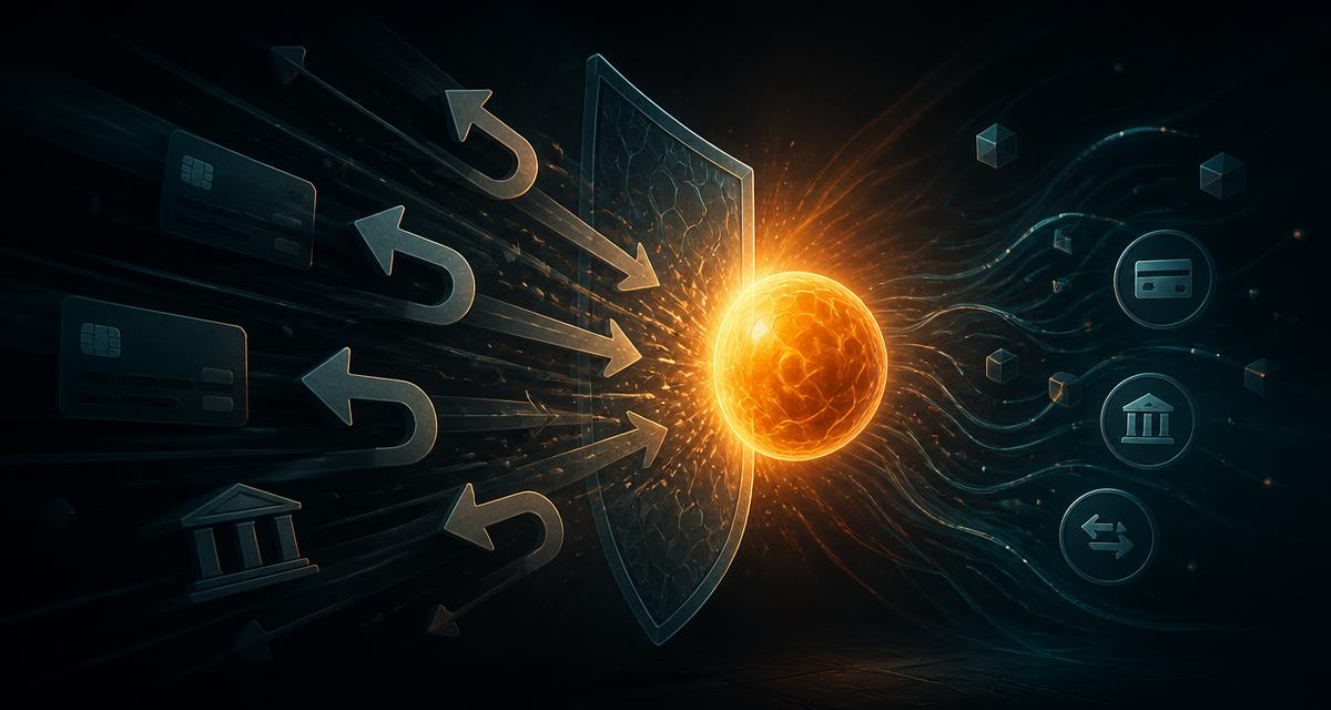 Chargeback management — reversed payment arrows deflected by a shield in front of an orange sphere