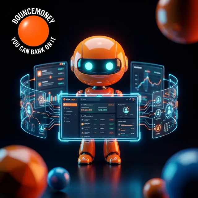 BounceMoney Credit-as-a-Service robot showing platform financing dashboard with credit transactions and partner integrations