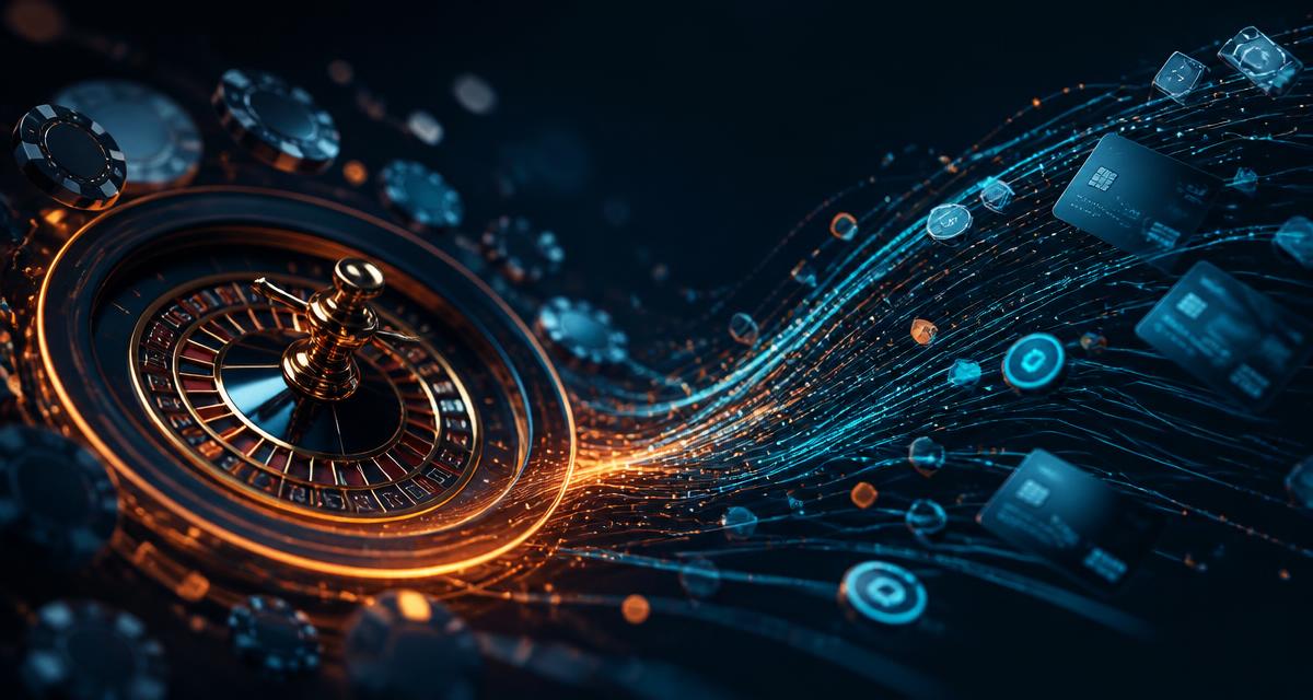 Gambling payment processing — roulette wheel merging into digital payment streams