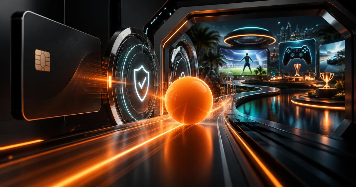 Secure card on-ramp infrastructure connecting an orange BounceMoney sphere to a digital gaming platform